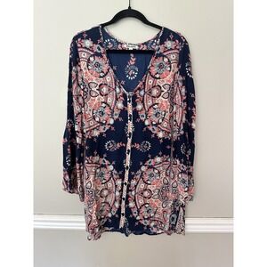 Billabong Bella Boho Floral Flared Bell Flutter Sleeve Mini Dress Blue Sz‎ L d9